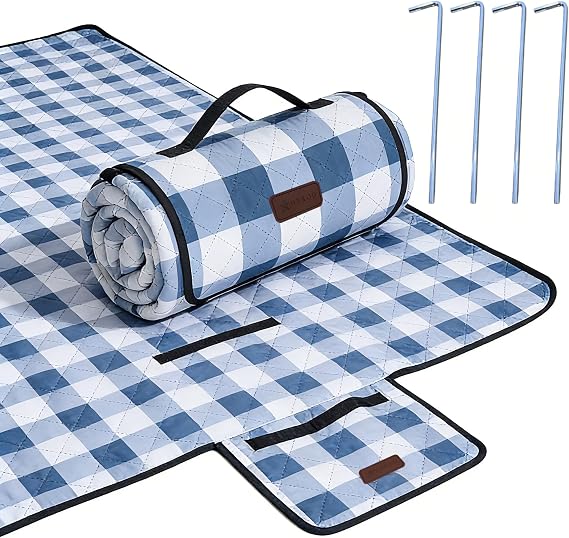 HX&OD Outdoor Picnic Blanket, Extra Large, 80''x60'' Waterproof Foldable Blankets Gingham Picnic Mat for Beach, Camping Grass Lawn Park Accessories Cute Couple Ideas Wedding (Blue, 80x60)