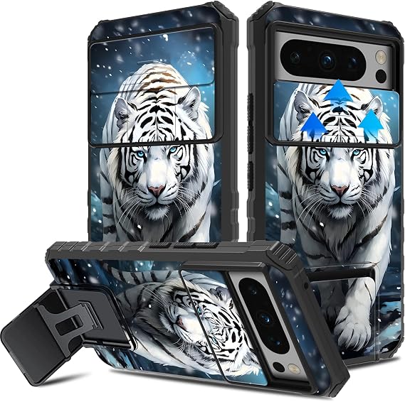 for Google Pixel 8 Pro Case with Slide Camera Cover and Built-in Kickstand,Military Grade Shockproof Bumper Protective Black Cover for Google Pixel 8 Pro,White Tiger