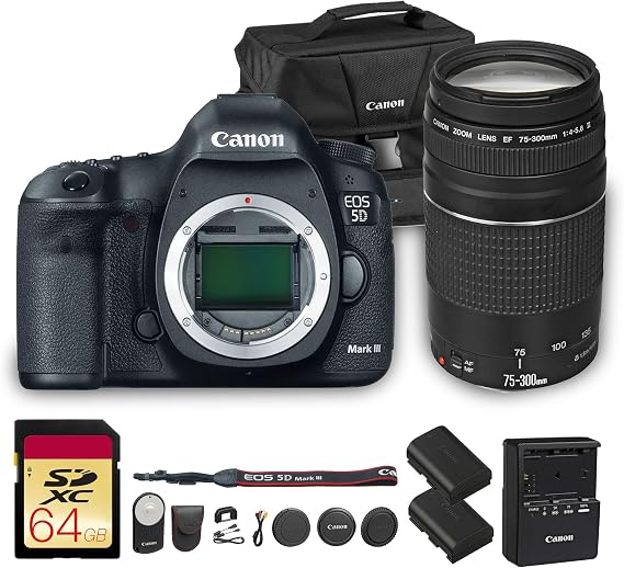 Canon EOS 5D Mark III DSLR Camera | 22.3MP Full-Frame CMOS Sensor, DIGIC 5+ Processor & HD Video | for Weddings, Portraits & Events (5260B002) + Canon EF 75-300mm f/4-5.6 III Lens + RC-6 + Bag + More