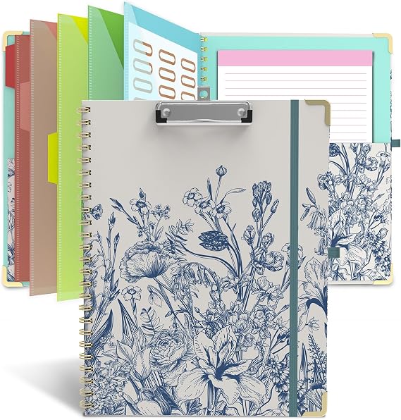 Clipboard Folio with Storage 8.5 X 11 Padfolio Notebook, Clipboards with Notepad Spiral with 10 Pockets and 5 Folders Nursing Teacher School Essentials (Blue Florals)