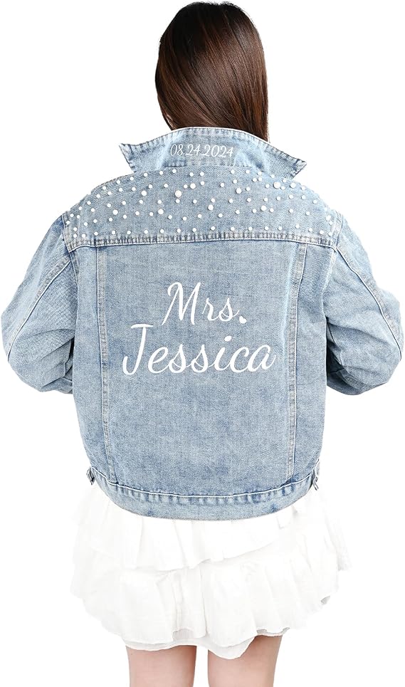 Personalized Embroidered Bride Jean Jacket, Pearl Jean Jacket for Women