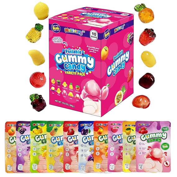 Peelable 10 Fruit-shaped Flavors, 10 Pack Gummy | Orange, Grape, Passion Fruit, Pineapple, Strawberry, Plum, Mango, Peach, Lemon, Lychee, Individually Sweet Snack