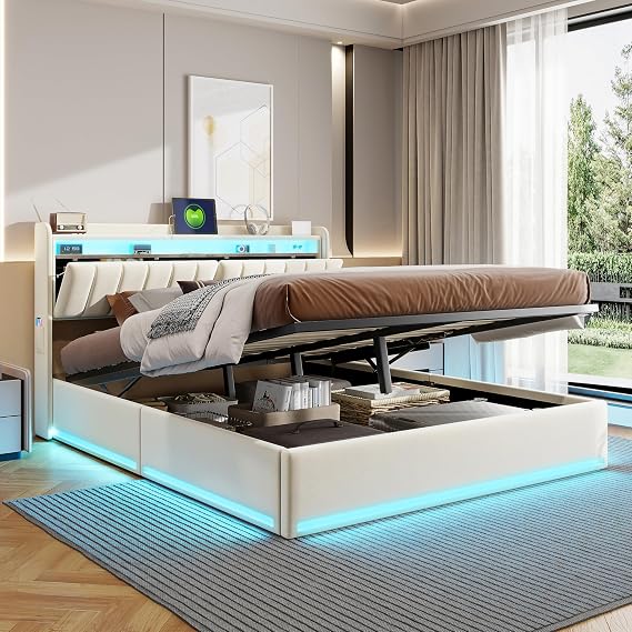 Upholstered Bed 160 x 200 cm with Storage Space Bed with LED Lighting and USB Bed Frame with Slatted Frame and Headboard Side Pockets Storage Bed Frame Double Bed for Adults Velvet Beige