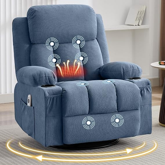 Massage Swivel Rocker Recliner Chair with Heat and Vibration Rocking, Ergonomic Lounge Chair with Side Pocket, 2 Cup Holders and USB Charge Port for Living Room (Blue)