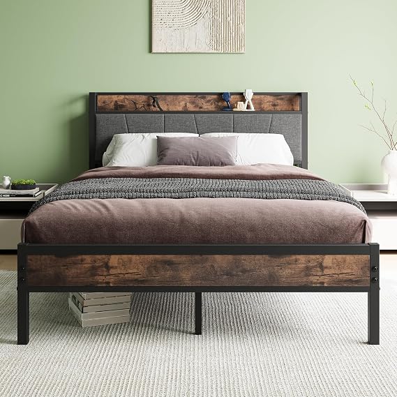 Double Bed Frames with Storage Headboard,Heavy Duty Metal Upholstered Platform Bed Frame Double Bed,Mattress Foundation/Strong Steel Slat Support/Under Bed Storage/Easy Assembly