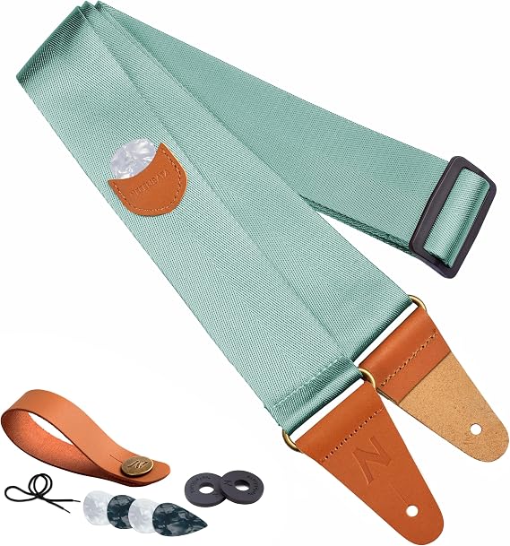Guitar Strap with Pick Pocket Vintage Nylon Full Grain Leather Ends Guitar Straps for Bass Electric & Acoustic Guitars with Free Strap Button 1 Pair of Strap Locks and 4 Guitar Picks