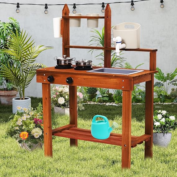 Wooden Mud Kitchen Playset for Kids,Large Pretend Role Play Kitchen Indoor with Realistic Accessories,Sink,Taps,kids Outdoor Play Equipment,Garden Sensory Toy,Gifts For Boys and Girls Ages 3+