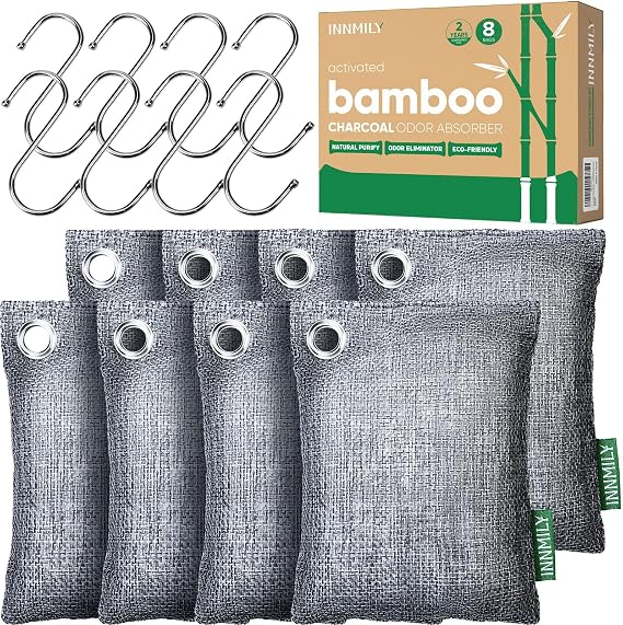 Activated Charcoal Odor Absorber, 8 Pack w Hooks Nature Odor Eliminator for Strong Odor, Bamboo Charcoal Air Purifying Bags, Moisture Absorbers for Fresh Home Car Closet Pet, Smoke Smell Deodorizer