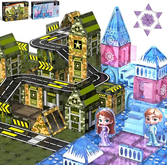GobiDex Magnetic Building Blocks Set 44PCS Ice Princess Castle Magnetic Tiles & 40PCS Army Building Blocks, STEM Educational Construction Toys for Kids Boys Girls Age 3+
