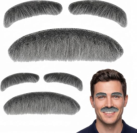 Skylety 2 Pieces Old Man Mustache and Eyebrows Set Stick-on Fake,Gray