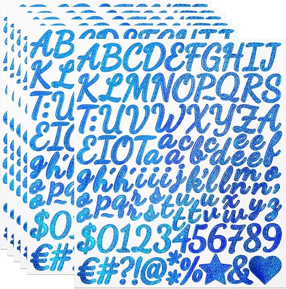 6 Sheets 1 Inch Glitter Letter Number Stickers,624 Pcs Self-Adhesive Alphabet Letters Sticker Decals for Scrapbook Water Bottle DIY Crafts - Light Blue