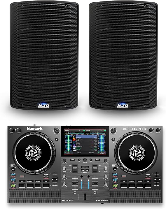 Numark Mixstream Pro Go DJ Controller and ALTO TX415 Powered PA Speakers Pair for Live Music, DJ sets, Events, Music production