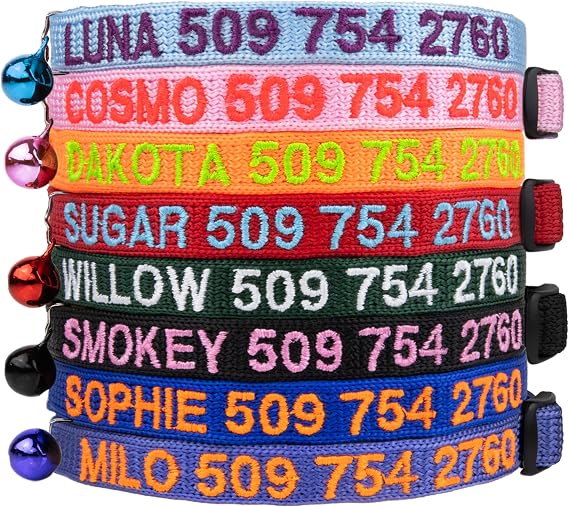 GoTags Personalized Cat Collars with Breakaway Safety Release Buckle Custom | Embroidered Cat Collar with Pet Name and Phone Number, Adjustable Nylon ID Collar with Bell for Cat or Kitten (Pack of 1)