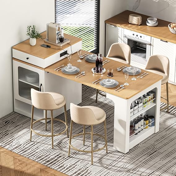 59.5" Kitchen Island with Extendable Dining Table, Storage Table with Double-Sided Storage with 2 Drawers, Power Outlet, Side Open Shelves, for Kitchen, Dining Room (White)
