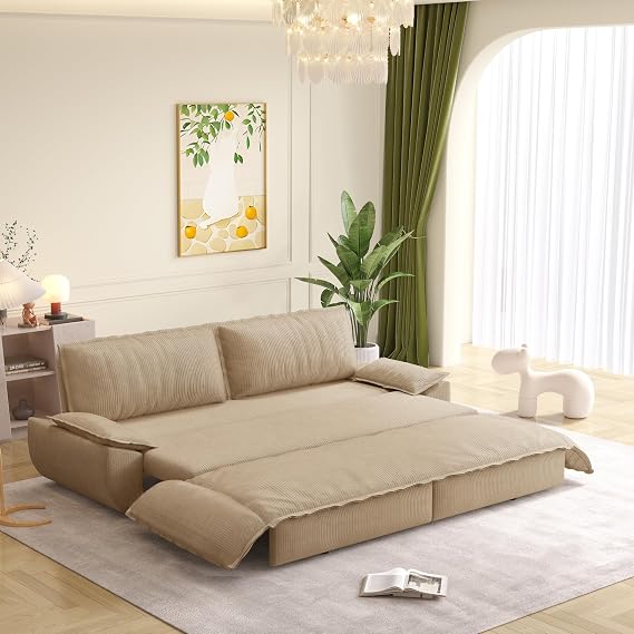 73.2 Queen Size Sofa Bed, Corduroy Loveseat 3-in-1 Convertible Sleeper Sofa Couch, Pull Out Sofabed, Space Saving, Camel
