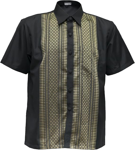 Men's Short Sleeve Shirt Traditional Straight Band Collar Casual (Black, XXL)