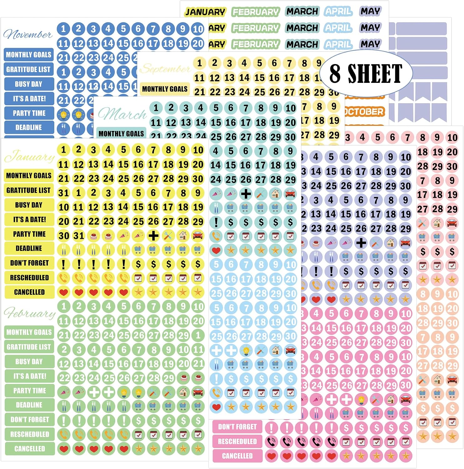 8 Sheet Daily Planners Calendar Essentials Stickers Monthly Weekly Daily Planner Stickers for Journals and Calendars Decorating, Planning, Crafts