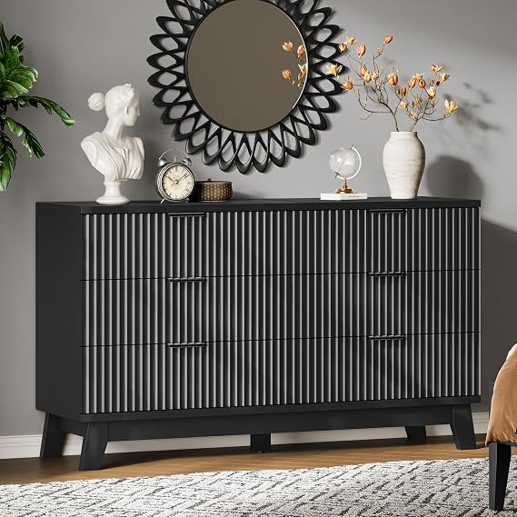 Xixini Fluted Dresser with 6 Drawers, 54" Wide Modern Chest of Drawers with Metal Handle, Wooden Dresser TV Stand, Wood Closet Clothes Storage Organizer for Bedroom, Living Room, Hallway, Solid Black