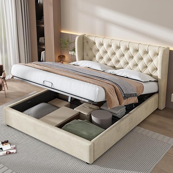 BTM Upholstered Bed, Double Bed Frames 135 * 190cm, Ottoman Storage Bed with Hydraulic Lever, Velvet, Beige
