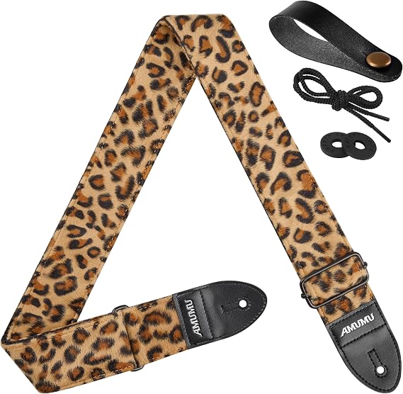 Amumu Leopard Flocked Velvet Guitar Strap with Microfiber Leather Ends, Fits Acoustic, Bass, and Electric Guitar - Guitar Accessories