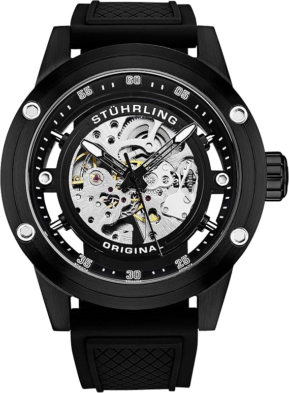 Stuhrling Original Men's Automatic Skeleton Stainless Steel Automatic Dress Watch with Rubber Strap 50mm, Black, Automatic Watch, Mechanical