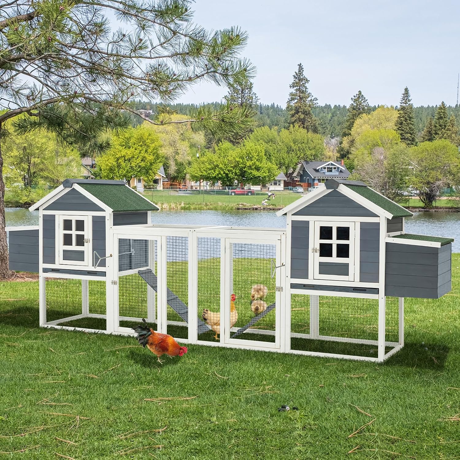 Esright 123” Large Wooden Chicken Coop, Outdoor Hens House with Ramps and Nesting Boxes, Grey&White