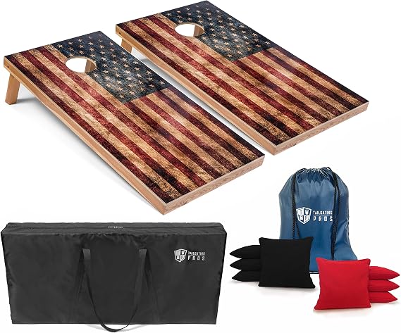 Tailgating Pros Rustic American Flag Cornhole Boards w/Bean Bags - Tournament Grade 4'x2' Distressed Flag Cornhole Game w/Multicolored LED Ring, Carrying Case & Corn Hole Bags
