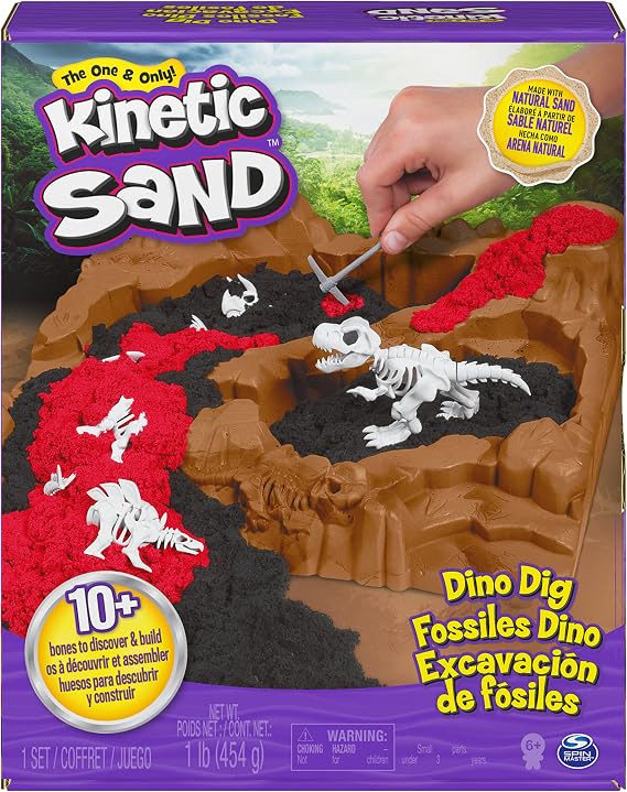 Kinetic Sand, Dino Dig Playset with 10 Hidden Dinosaur Bones, Play Sand Sensory Toys for Kids Aged 6 and up