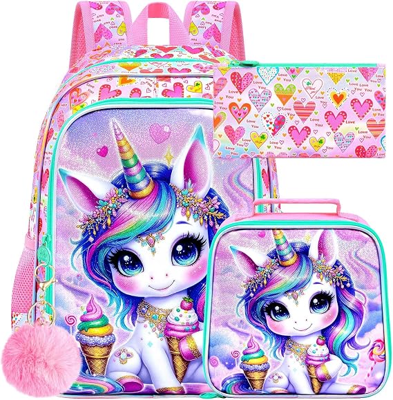 gxtvo 3PCS Unicorn Backpack for Girls, 16" Kids Bookbag with Lunch Box, Water Resistant School Bag for Elementary Preschool Toddler - Ice Cream Unicorn