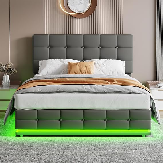 BTM Double Bed with Storage, Upholstered Double Bed with LED Lighting, PU Leather Double Bed Frame with Adjustable Button Tufted Headboard, 4FT6-135x190cm (No Mattress), Grey