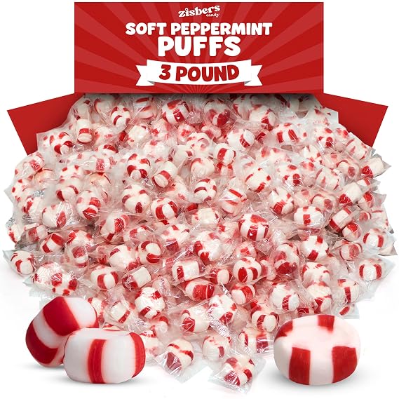 Bulk Peppermint Puffs Candy Mints - 3 Pound Approx. 255 Pieces Individually Wrapped Soft Puffed Peppermints Old-Fashioned Candies Made with Real Cane Sugar - Melt-in-Your-Mouth Peppermint Treats