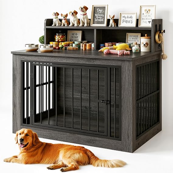 IRONCK 43.3" Extra Large Dog Crate Furniture with Storage Shelf