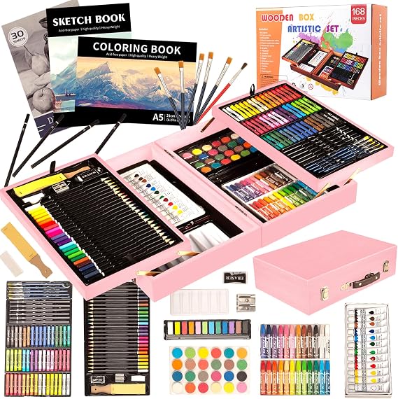 KINSPORY 168 Pack Wooden Art Set, Deluxe Painting Drawing Kit with 3 Coloring Books, Oil Pastels, Watercolor Paints, Art Crafts Supplies, Creative Gift for Beginners, Kids, Boys, Girls & Artists