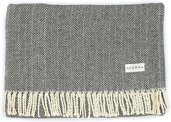 Sferra Celine Herringbone 100% Cotton Throw Blanket - Black