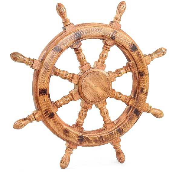 Nautical Wooden Ship Wheel Handcrafted Premium Heavy Wall Decor Accents & Sculptures | Rustic Primitive Antique Finish | Wall Hanging Ideas | Maritime Captain's Ocean Themed Gifts (Ochre) (18 Inches).