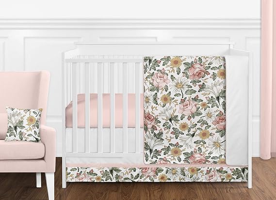 Sweet Jojo Designs Vintage Floral Boho Baby Girl Nursery Crib Bedding Set - 11 Pieces - Blush Pink, Yellow, Green and White Shabby Chic Rose Flower Farmhouse