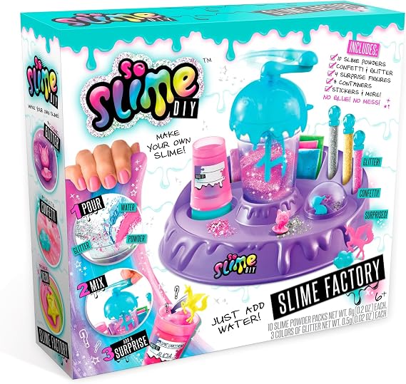 So Slime DIY Slime Factory Kit by Canal Toys Make 10 Colorful Slimes Just Add Water, No Glue or Mess Includes Glitter, Confetti & Surprise Figures Fun Slime Making Kit for Kids Ages 6+