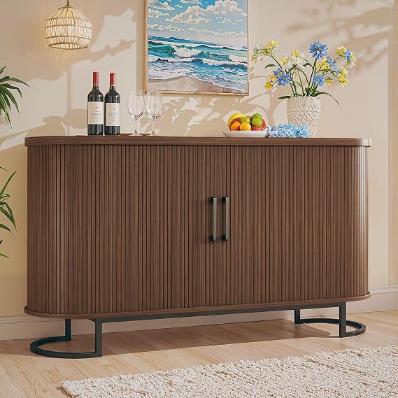 HUAHUU Sideboard Buffet Cabinet with Storage, 54.3" Fluted Tambour, Adjustable Shelves, Mid Century Modern Console for Living Room Kitchen Walnut