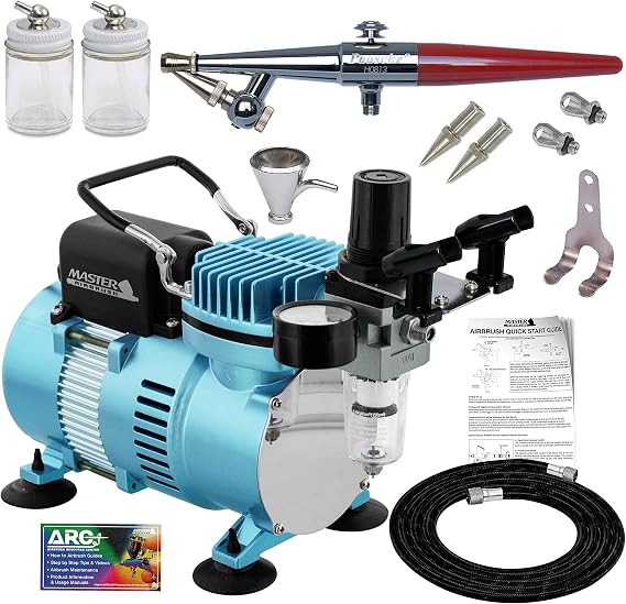Paasche H Airbrush Set with a Master 1/5 hp Cool Runner II Dual Fan Air Compressor System, Single-Action External Mix Siphon Feed Airbrush, All 3 Head Sizes (1, 3 & 5), Hose, Holder, How-To Guide