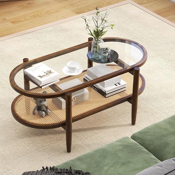 MAT EXPERT Rattan Coffee Table, 2 Tier Boho Oval Living Room Table w/Glass Tabletop Wood Frame & Storage Shelf, 40L Mid Century Modern Tea Table, Center Table for Living Room Home Office, Brown