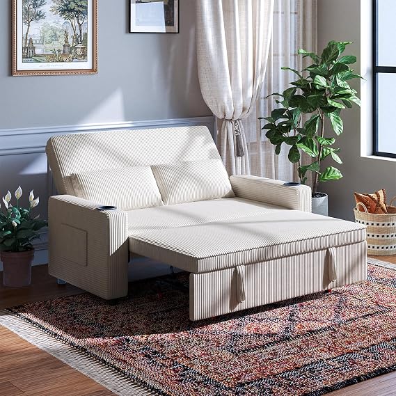JUMMICO 62.99" Pull Out Sofa Bed with Adjustable Backrest Sleeper Sofa 2 Seater Convertible Small Couches Modern Corduroy Fabric For Living