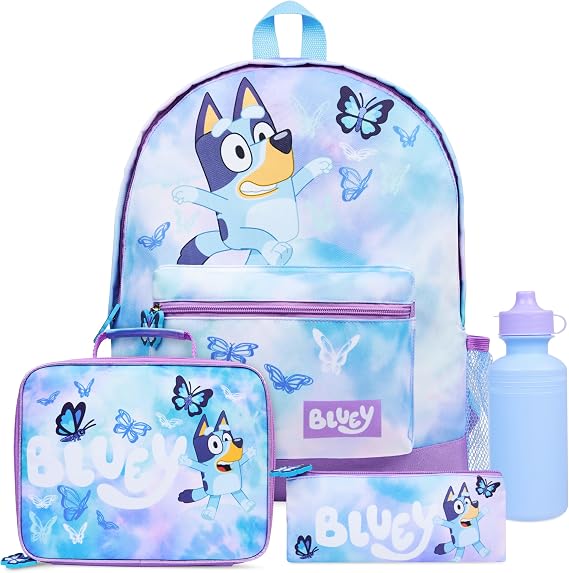 Bluey Backpack Set 4 Pcs Water Bottle Pencil Case School Bag Swim or Lunch Bag Nursery School Supplies Travel Rucksack Set Butterfly