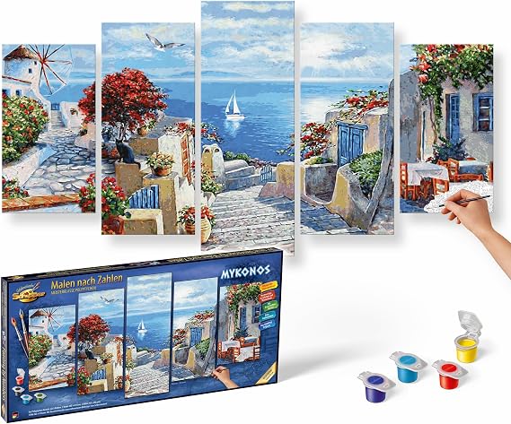 Schipper Mykonos 609450797 Paint by Numbers Painting for Adults, Includes Brush and Acrylic Paints, 5 Pictures, Master Class Polyptychon, Professional Edition, 132 x 72 cm