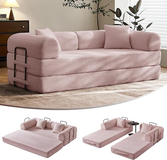 79" Convertible Futon Sofa Bed, Boneless Couch for Living Room | Pink | Folding Corduroy Boneless Sleeper Sofa, Modular Futon Couch with Fixed-Shape Frame, Pull Out Couch No Assembly