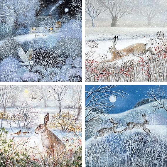 Museums & Galleries Charity Christmas Cards Pack of 20 - Festive Hares & Owls in the Snow - Assorted Premium Greeting Cards Multipack with Envelopes - 5 Each of 4 Designs - Supporting UK Charities
