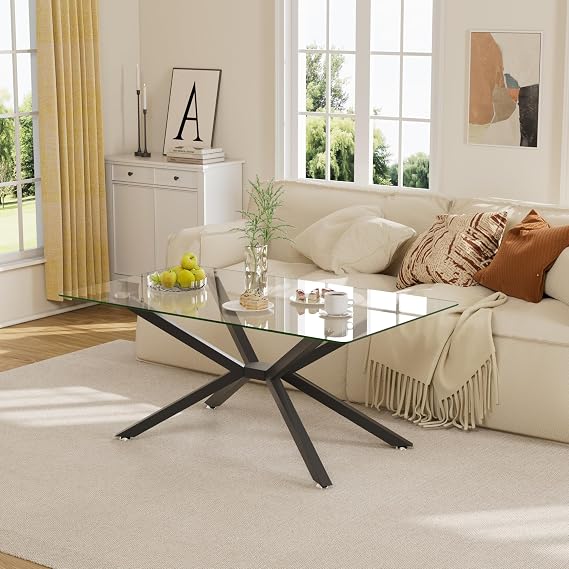 Rectangle Modern Coffee Table, Tempered Glass Top and Metal Tubular Leg for Living Room,39.37Lx23.62Wx16.93H(Black)