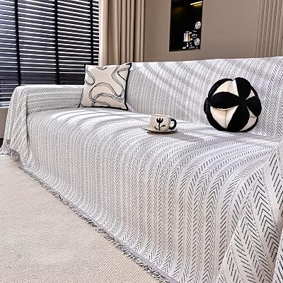 Nobildonna Chenille Couch Cover for Sofa Cover Washable Pet Scratch Couch Covers Tassel Sofa Slipcover for 2 Cushion Couch,Furniture Protector Blanket for Living Room,Beige 71x102