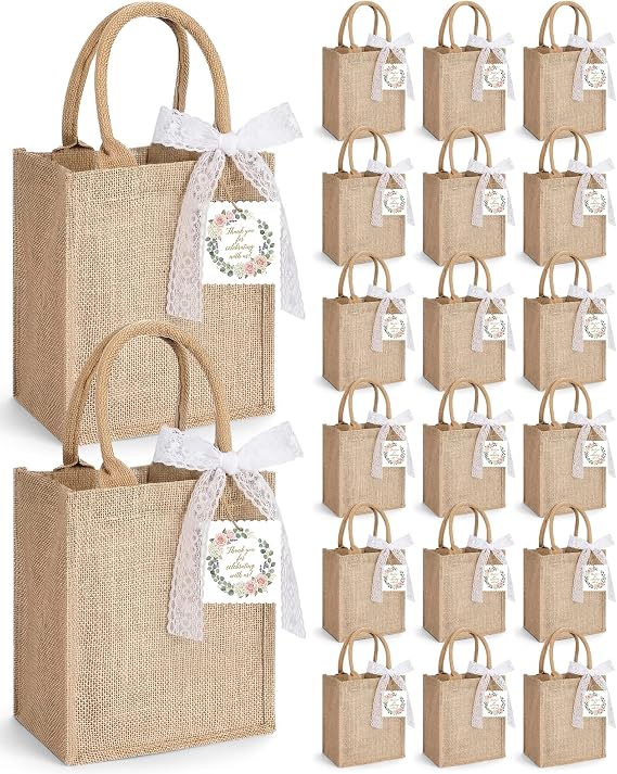 Hsei 20 Pack Burlap Tote Gift Bags with Handles Lace Bow Gift Tags 9.8''x 7.9''x 4.3'' Reusable Small Jute Tote Bags Bulk for Wedding Bridesmaid Bachelorette Bridal Shower Beach Party Favors