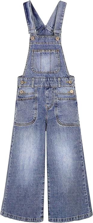 KIDSCOOL Little Big Girls Flared Denim Overalls Relaxed Fit Jeans Jumpsuit | Trendy girls denim overalls with adjustable straps and bib pocket, crafting a cute relaxed daily outfit for 6-14 Years