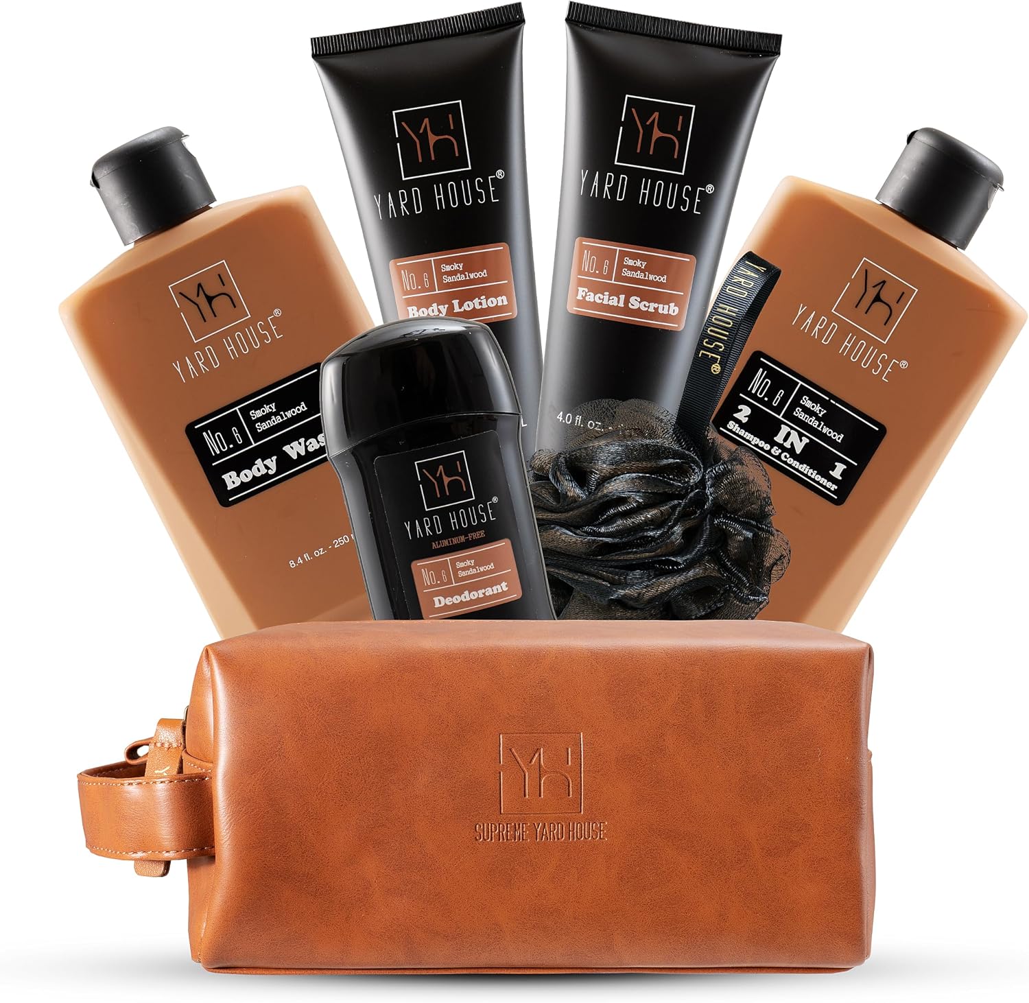 Luxury Mens Bath and Body Gift Set Basket For Him - Smoky Sandalwood - All Natural Skin Care Kit For Men w. Full Size Body Wash, Facial Scrub, Body Lotion, Deodorant in Leather Toiletry Bag